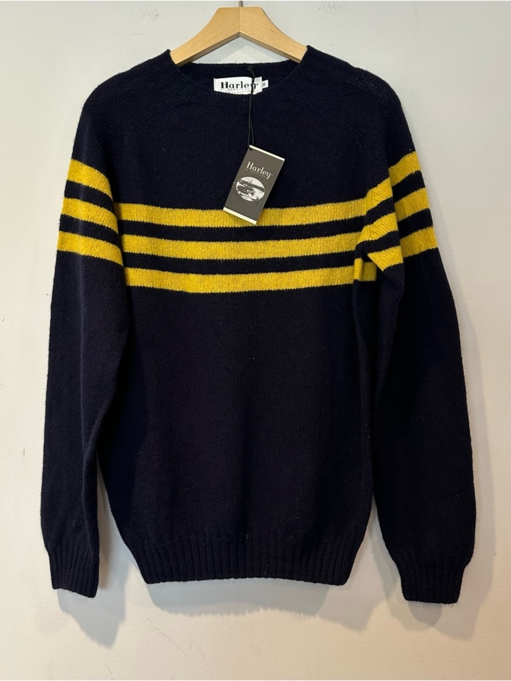 Harley of Scotland Wool Navy Sweater with Yellow Stripes - Picture 2 of 6
